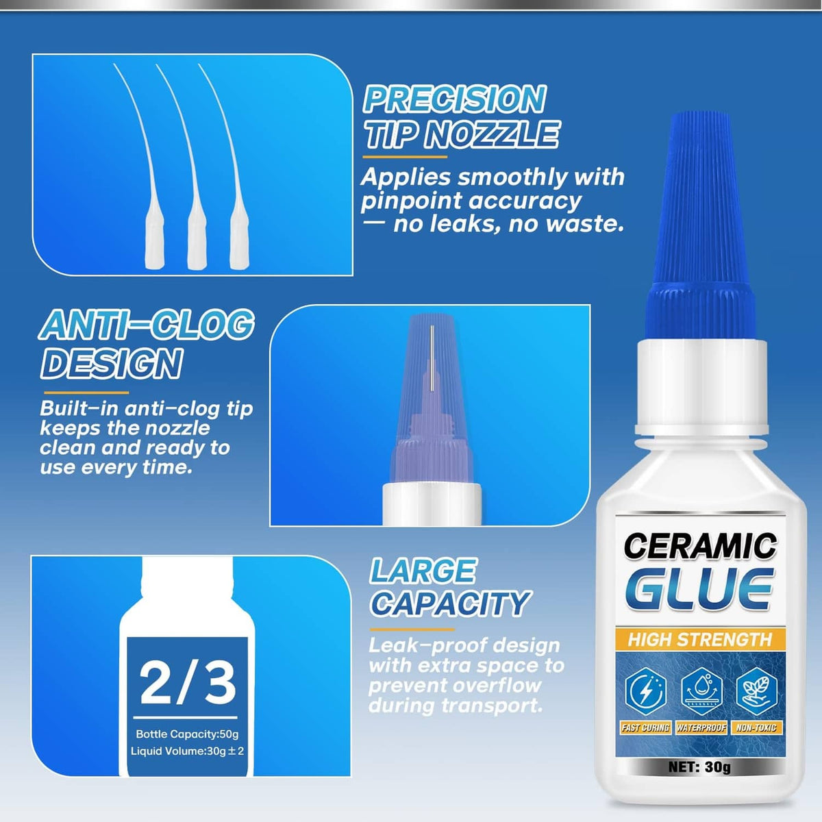 Ceramic glue repair kit with blue nozzle tip and clear glue dispensing for precision