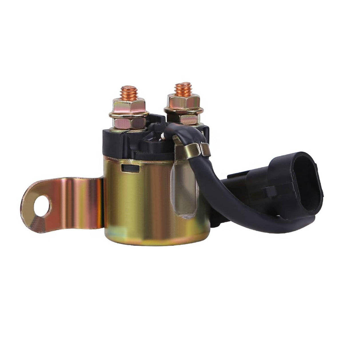 Starter solenoid relay side view with black cable boot and copper terminal hardware