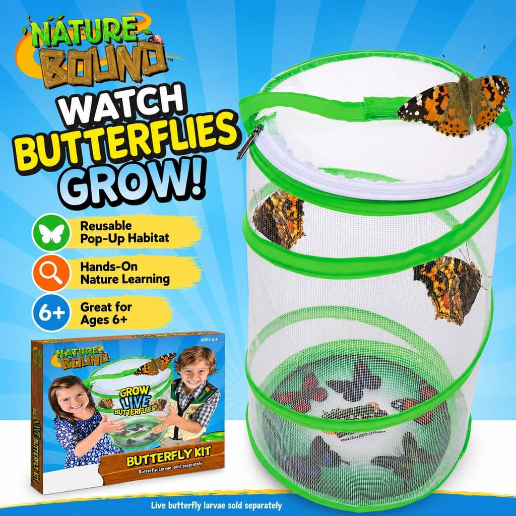 Butterfly growing habitat container with green zip-open top and mesh viewing window.