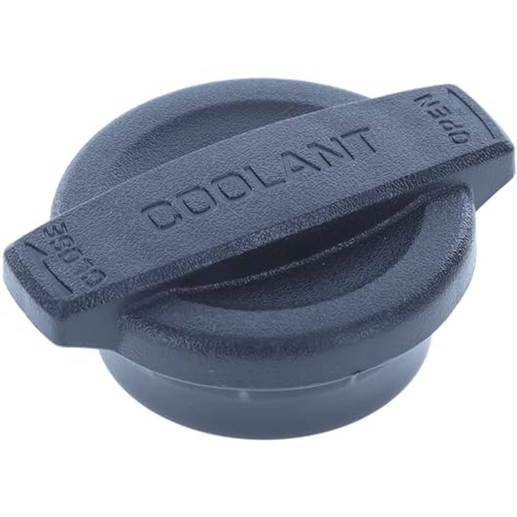 Engine coolant reservoir cap in dark blue, showing molded grip tabs and raised text.