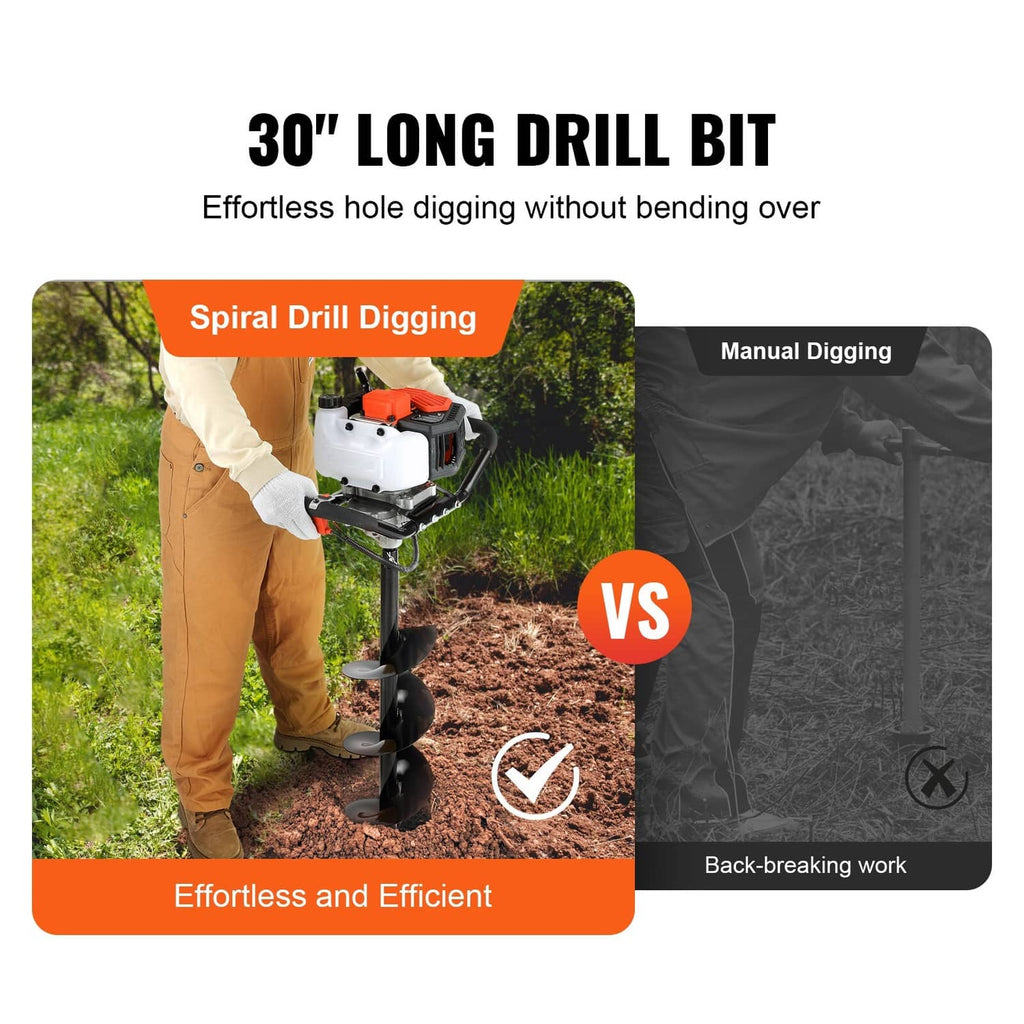 Earth auger drill with long spiral bit and orange engine, shown for hole digging