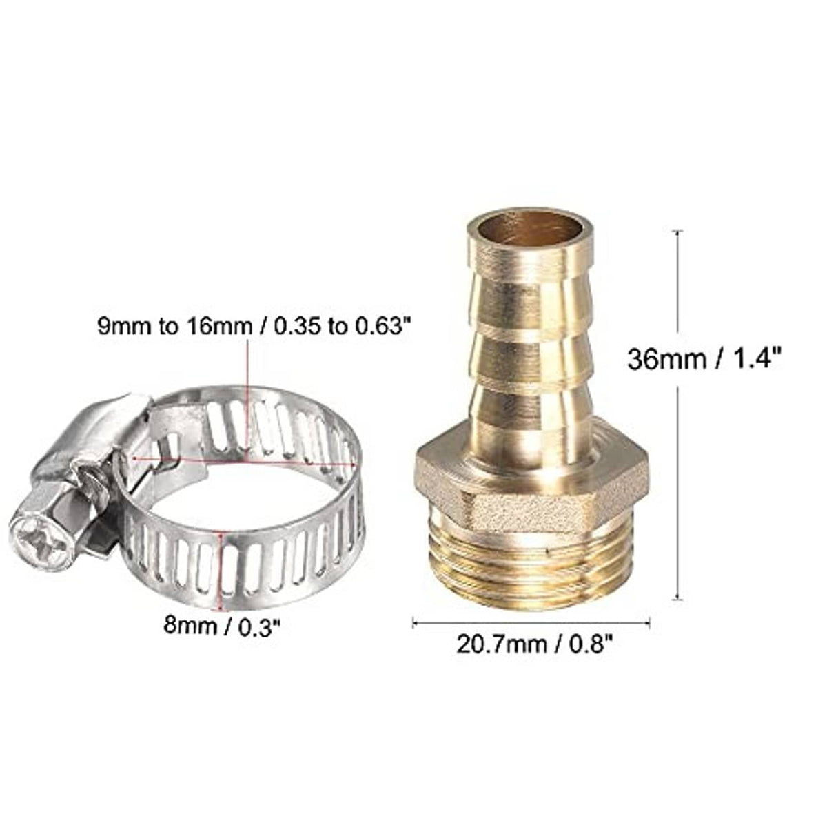 Brass straight hose barb fitting with hose clamp, 12mm barb, G1/2 male thread