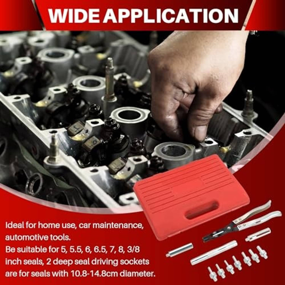 Hand using valve stem seal tool kit in car engine compartment