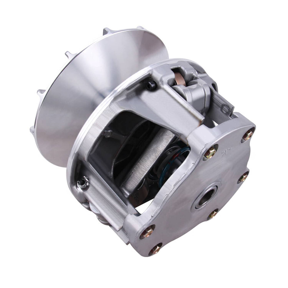 Primary drive clutch with silver drum housing and exposed mechanical components