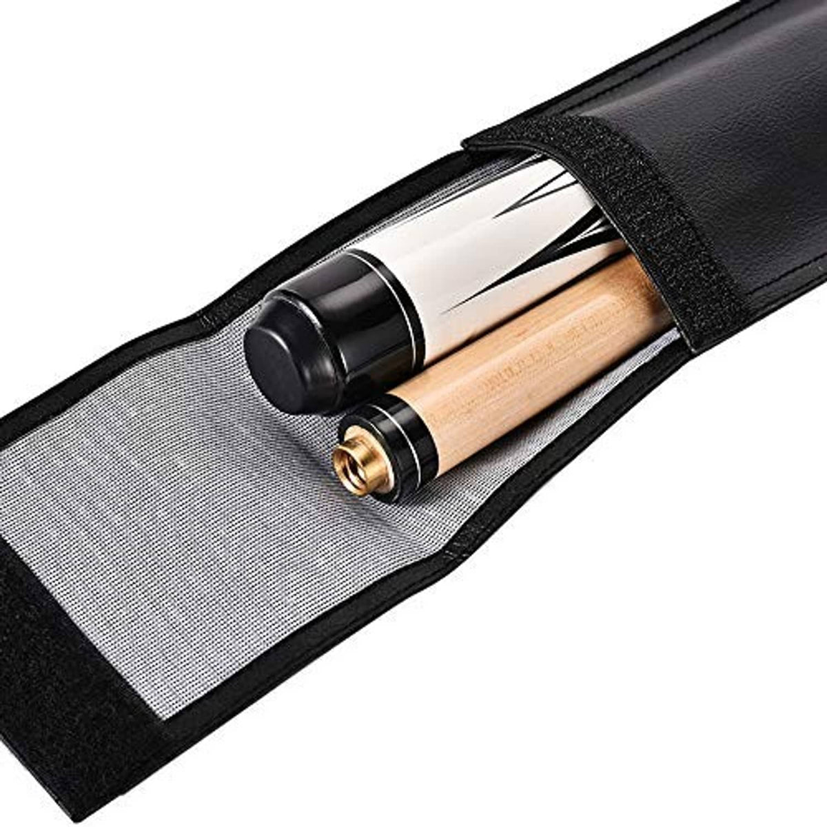 Black leather pool cue case holding a cue with wood shaft and black end cap