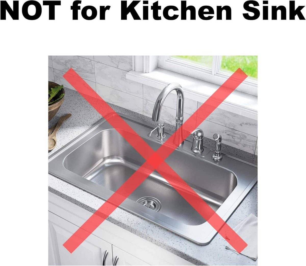 Stainless steel sink drain strainers shown with crossed-out kitchen sink use mark