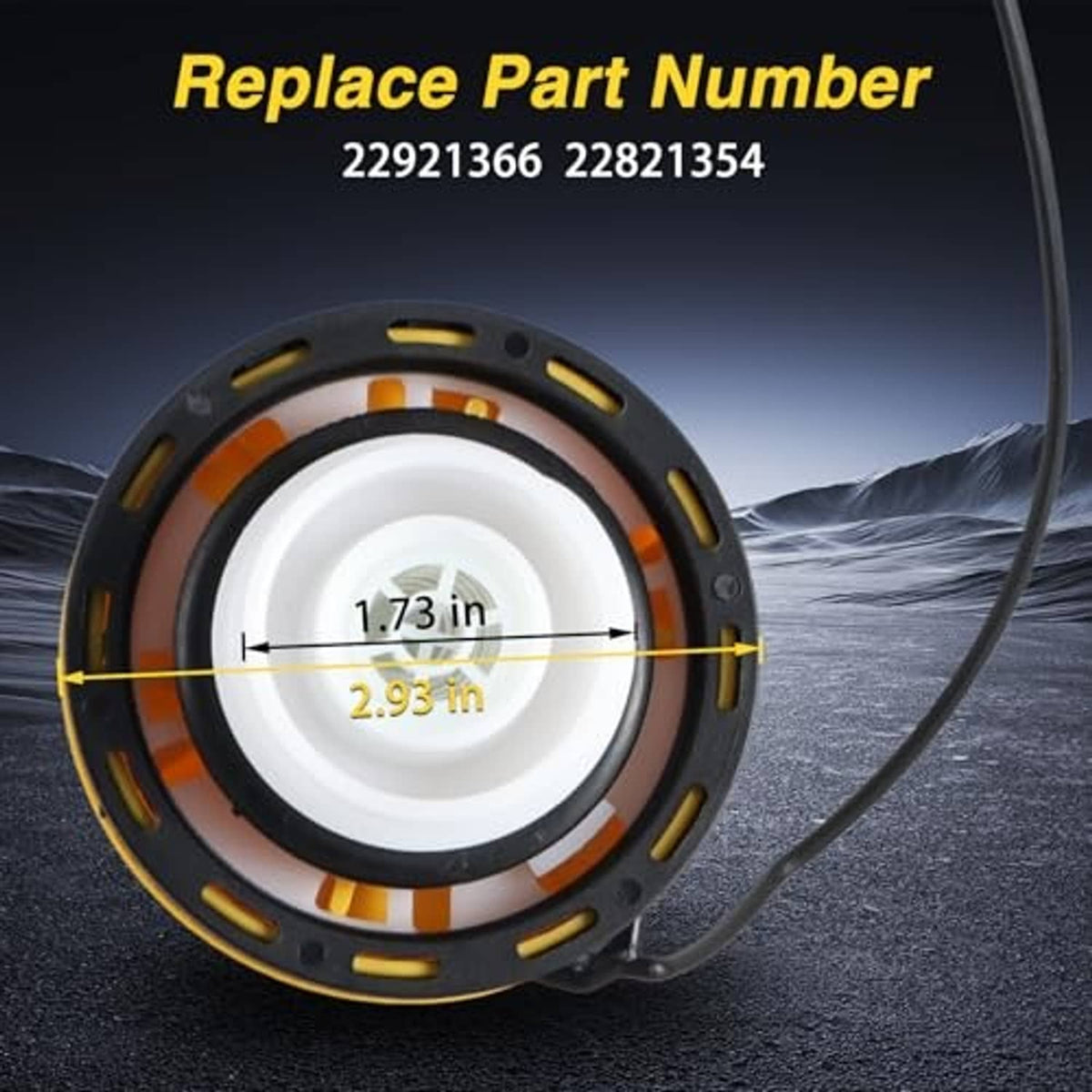 Fuel filler cap with seal detail and size markings 1.73 in and 2.93 in