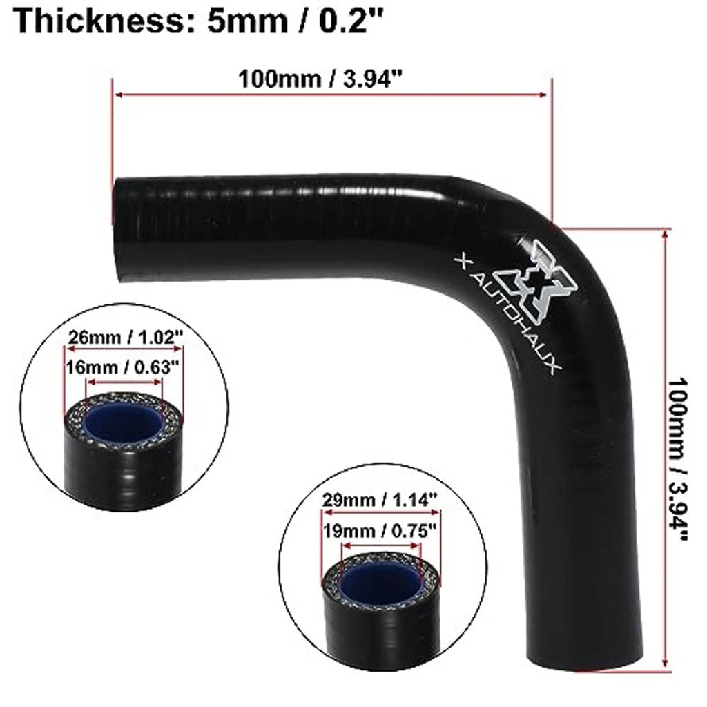 Black 90-degree elbow hose reducer with blue inner openings, size diagram
