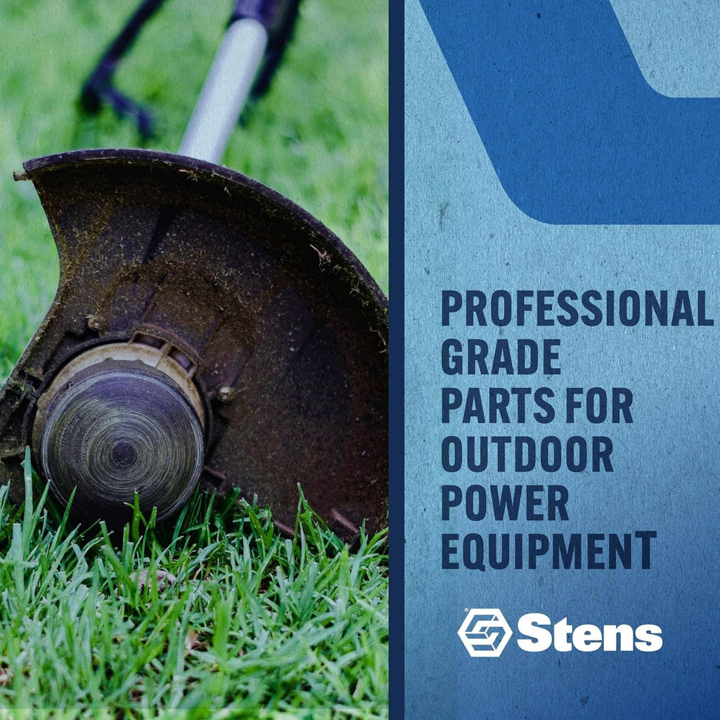 Stens blue label sleeve with black belt edge beside outdoor power equipment