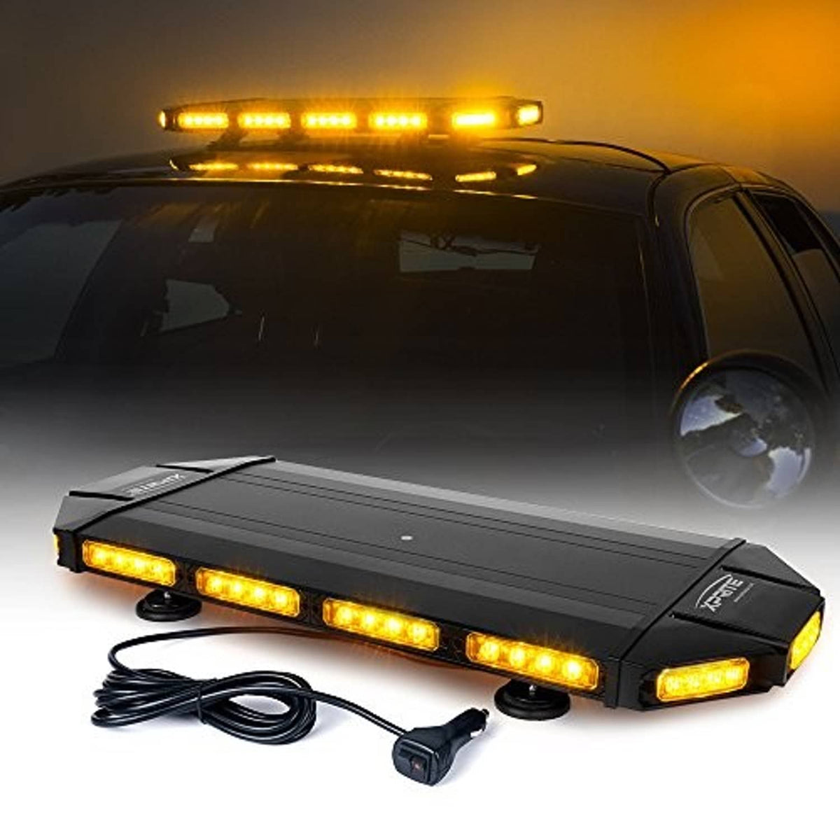 Amber LED strobe light bar with black housing, amber light segments and power cable
