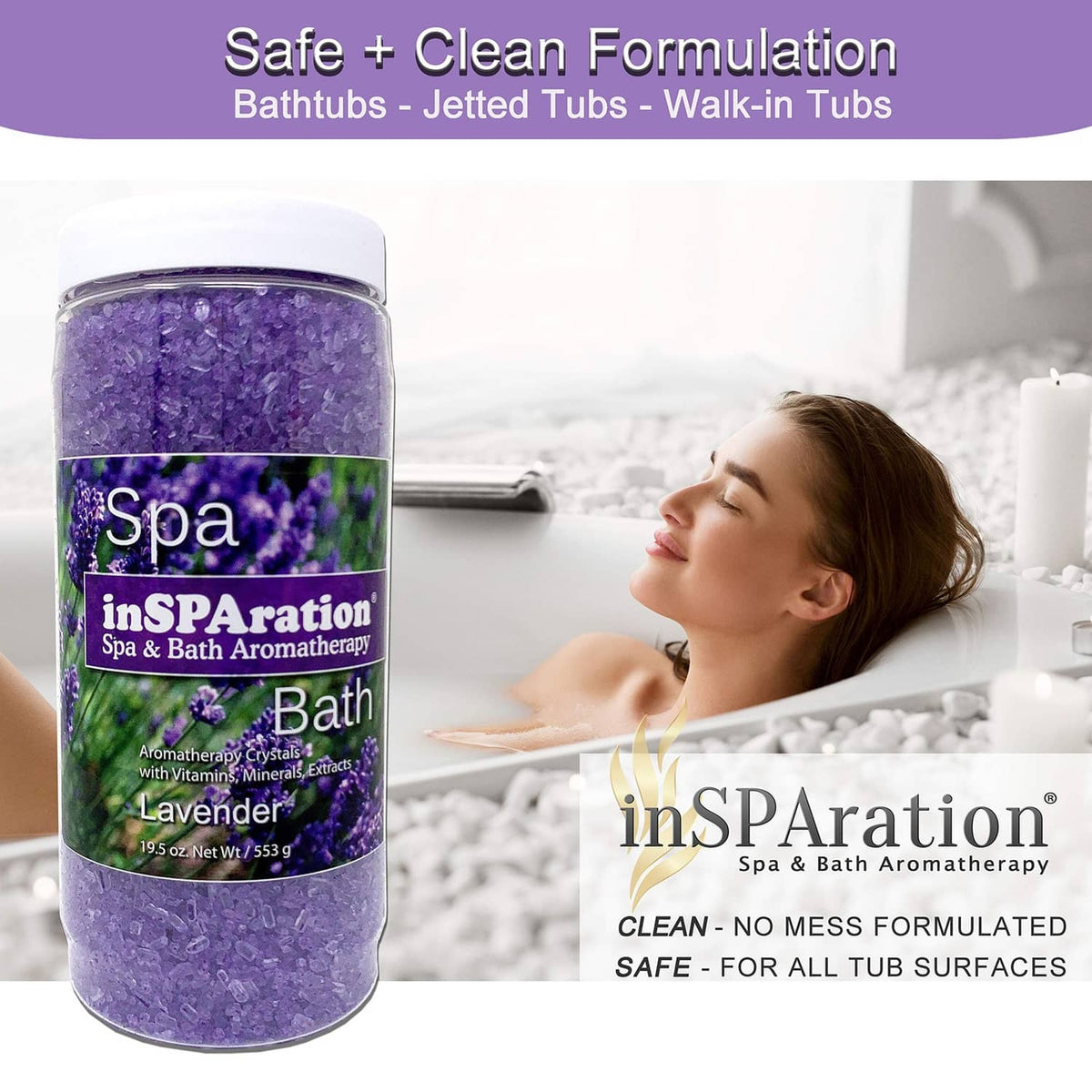 Lavender bath aromatherapy crystals in purple jar, for clean tub surfaces