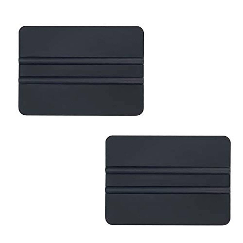 Two black vinyl squeegee scrapers with ribbed plastic edges and rectangular shape.