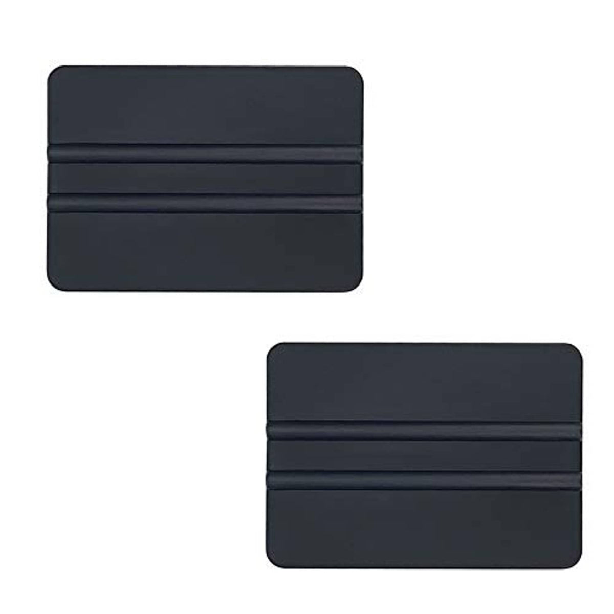 Two black vinyl squeegee scrapers with ribbed plastic edges and rectangular shape.