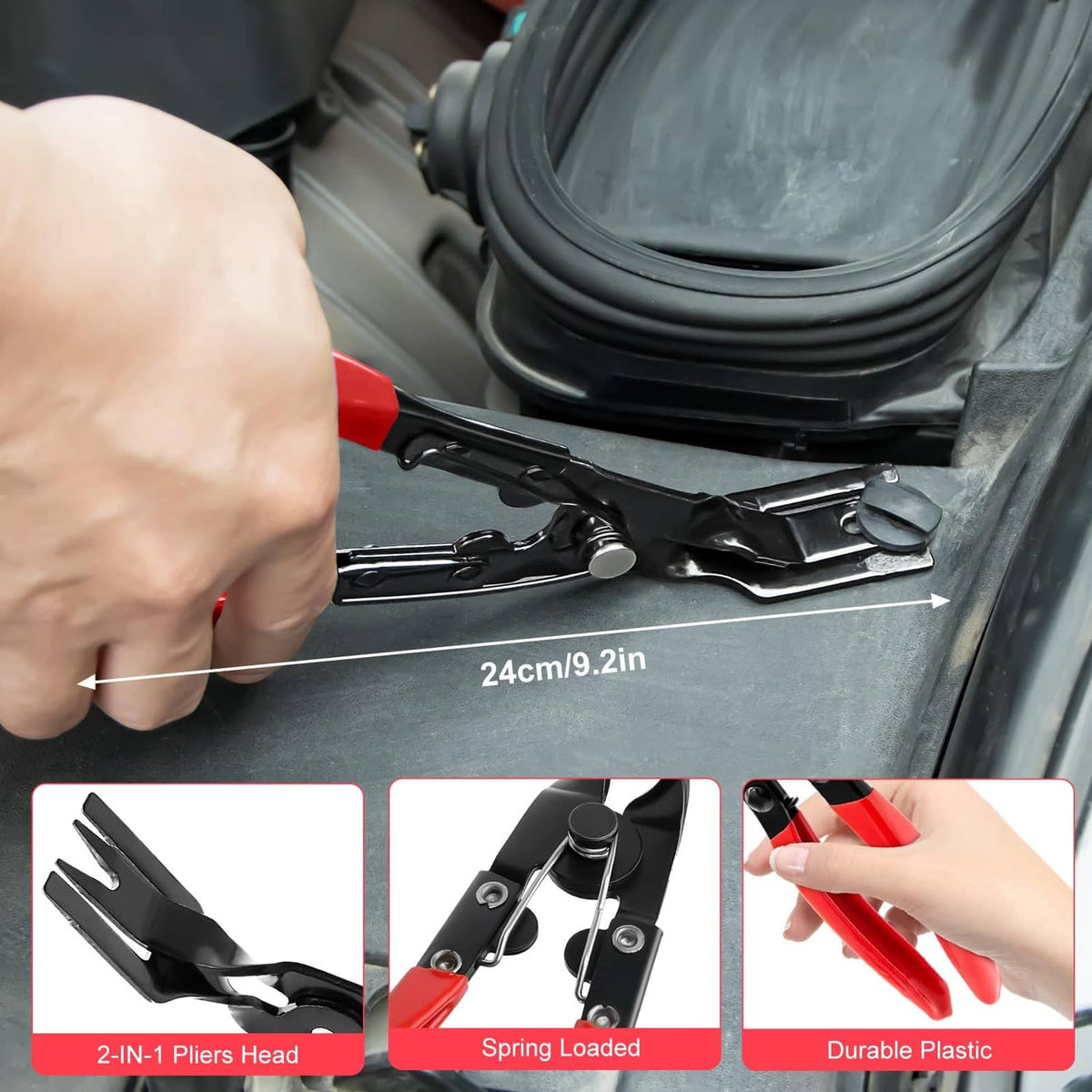 Three-piece clip removal pliers set with 24cm handles and black jaw heads