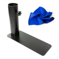 Black tire mount stand with upright tube, flat base plate, and side clamp