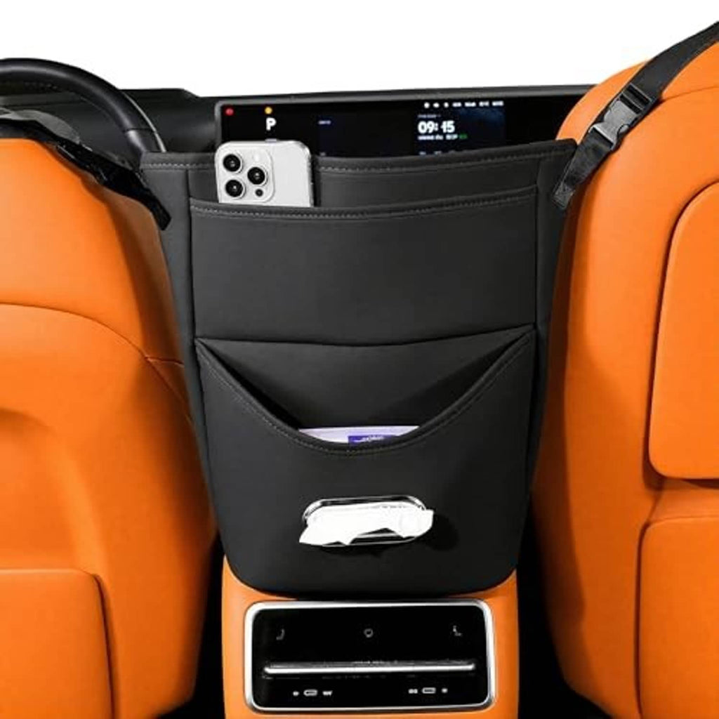 Black between-seat car organizer with tissue holder and front pocket for phone