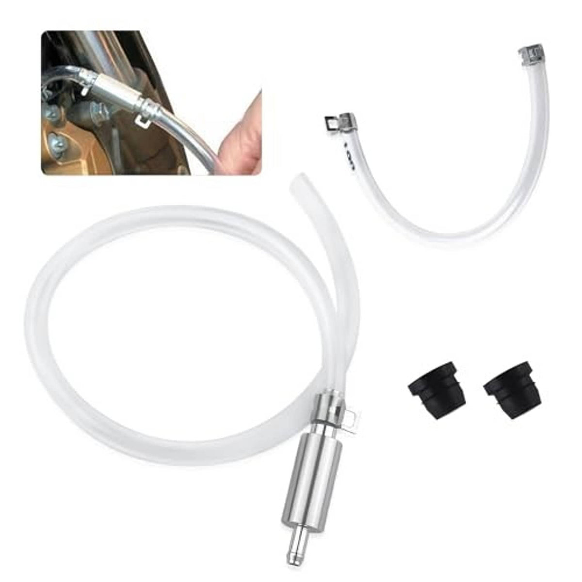 Clear brake bleeder hose with aluminum one-way check valve and two rubber caps