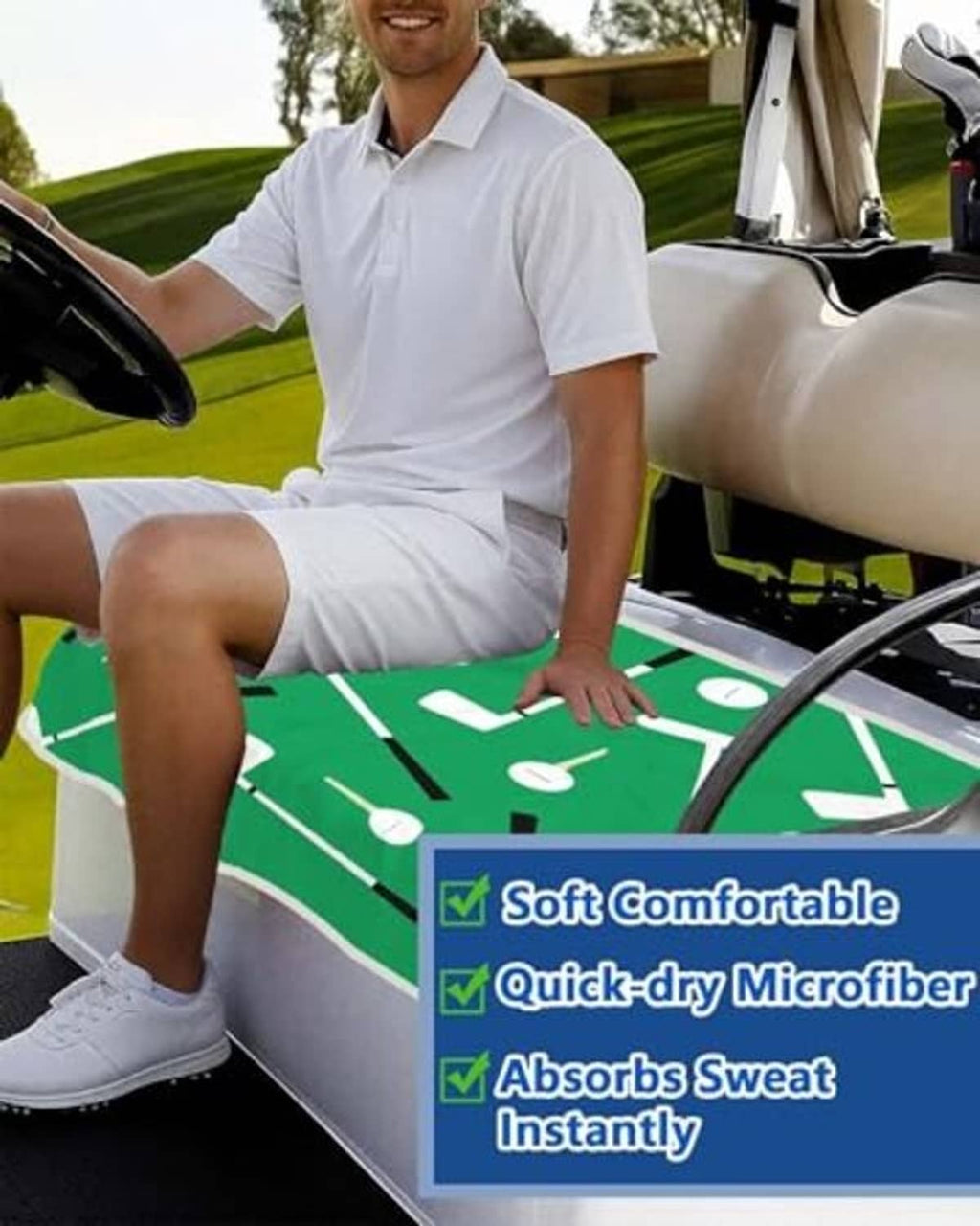 Golf cart seat towel cover on seat, green club-pattern panel with white trim