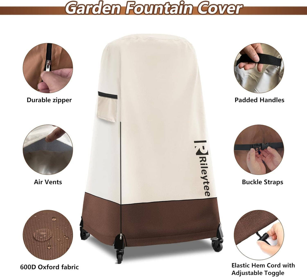 Pizza oven cover detail view: durable zipper, padded handles, buckle straps, vents.