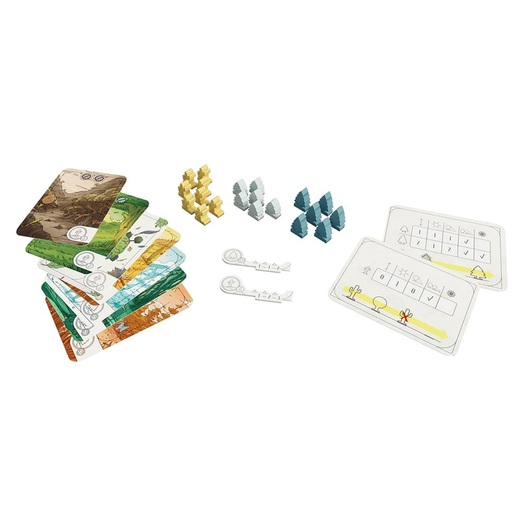 Evergreen Pines and Cacti expansion components: terrain cards, mini pieces, and player board