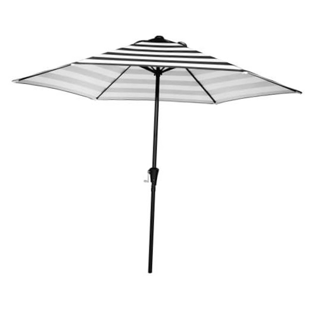 Outdoor patio market umbrella with black-and-white striped canopy and dark central pole