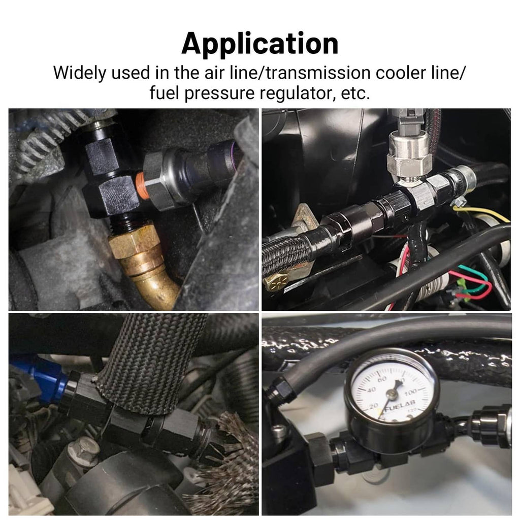 Black AN16 adapter fitting connected to lines with pressure gauge