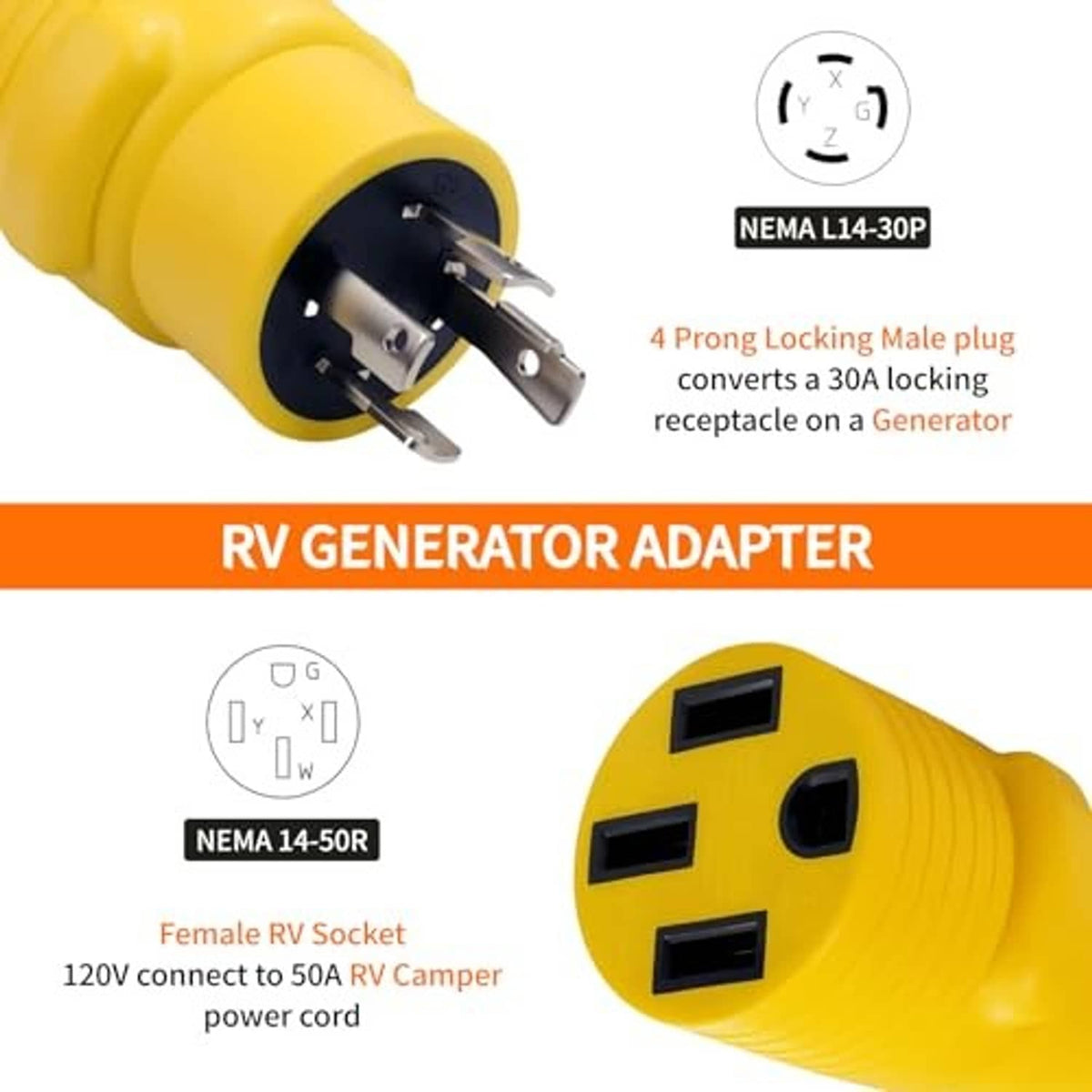 Yellow RV generator adapter with 4-prong locking male plug, compact design