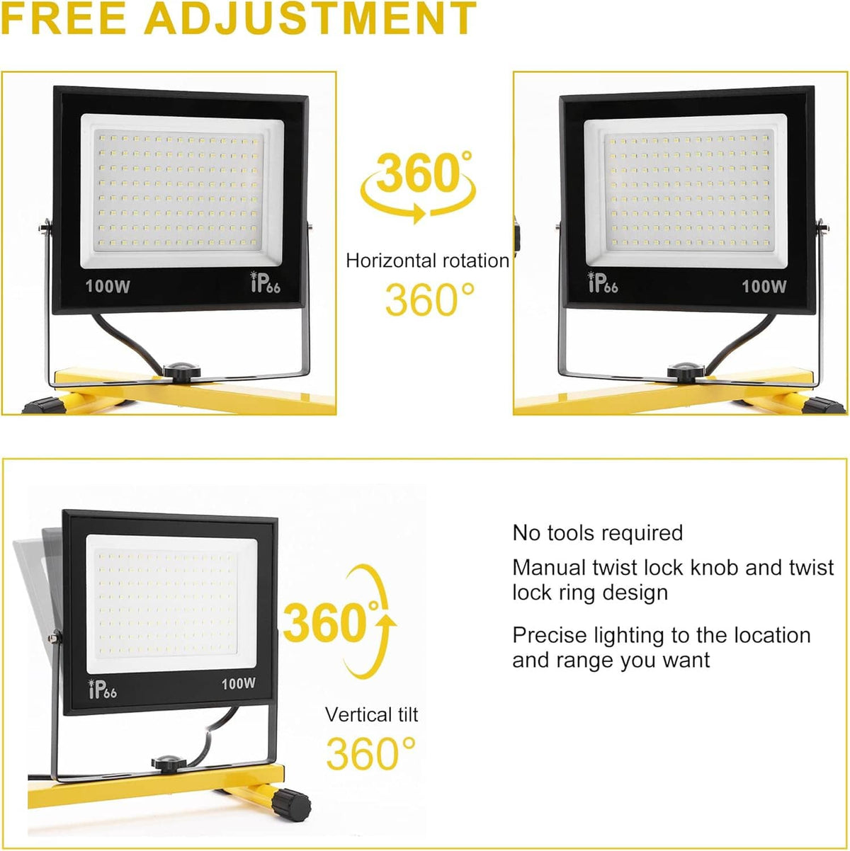 3-head LED floodlight with 360° rotation and 360° tilt, black frame