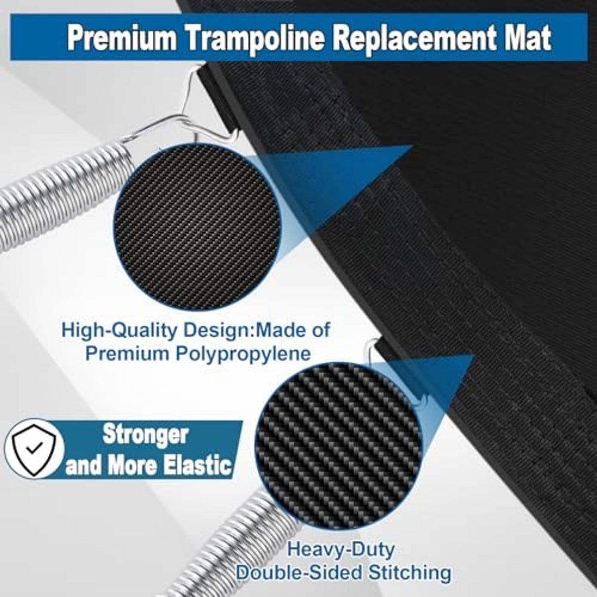 Black double-sided trampoline mat with reinforced stitching and textured surface