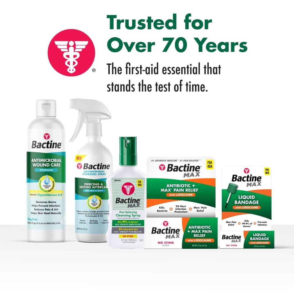 Bactine MAX lineup with “Trusted for Over 70 Years” text and product bottles