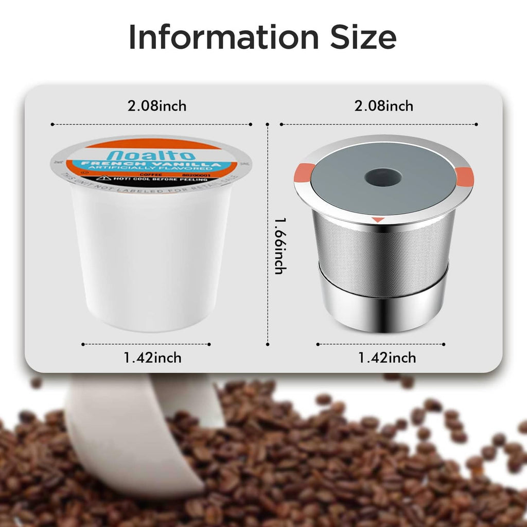 Noalto reusable K cup measurements view: white cup and silver cup with lid.