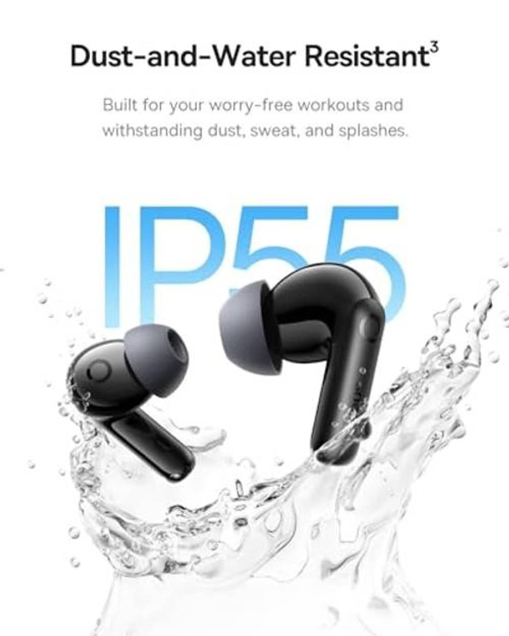 Black wireless earbuds with water droplets, stem and ear tip details visible