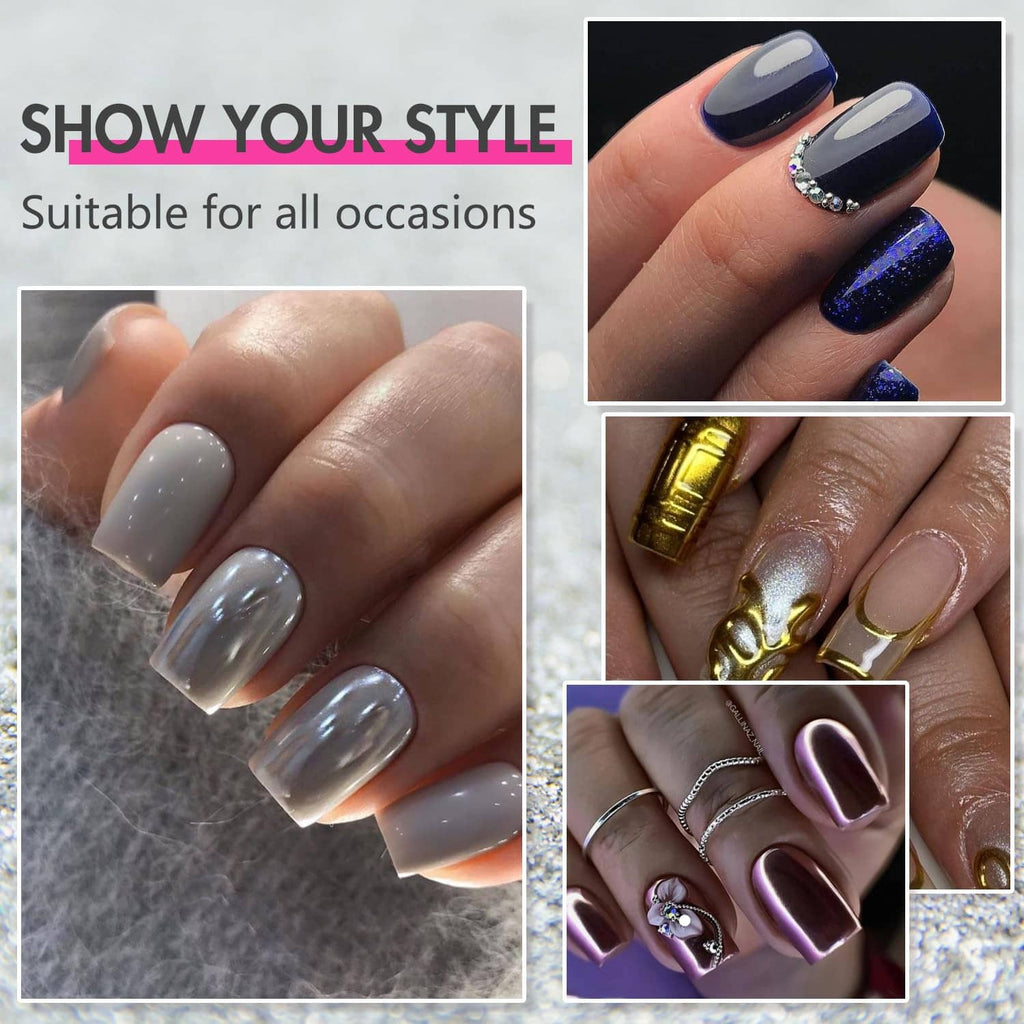 Glittery press-on nails on fingers, with a silver chain accent ring