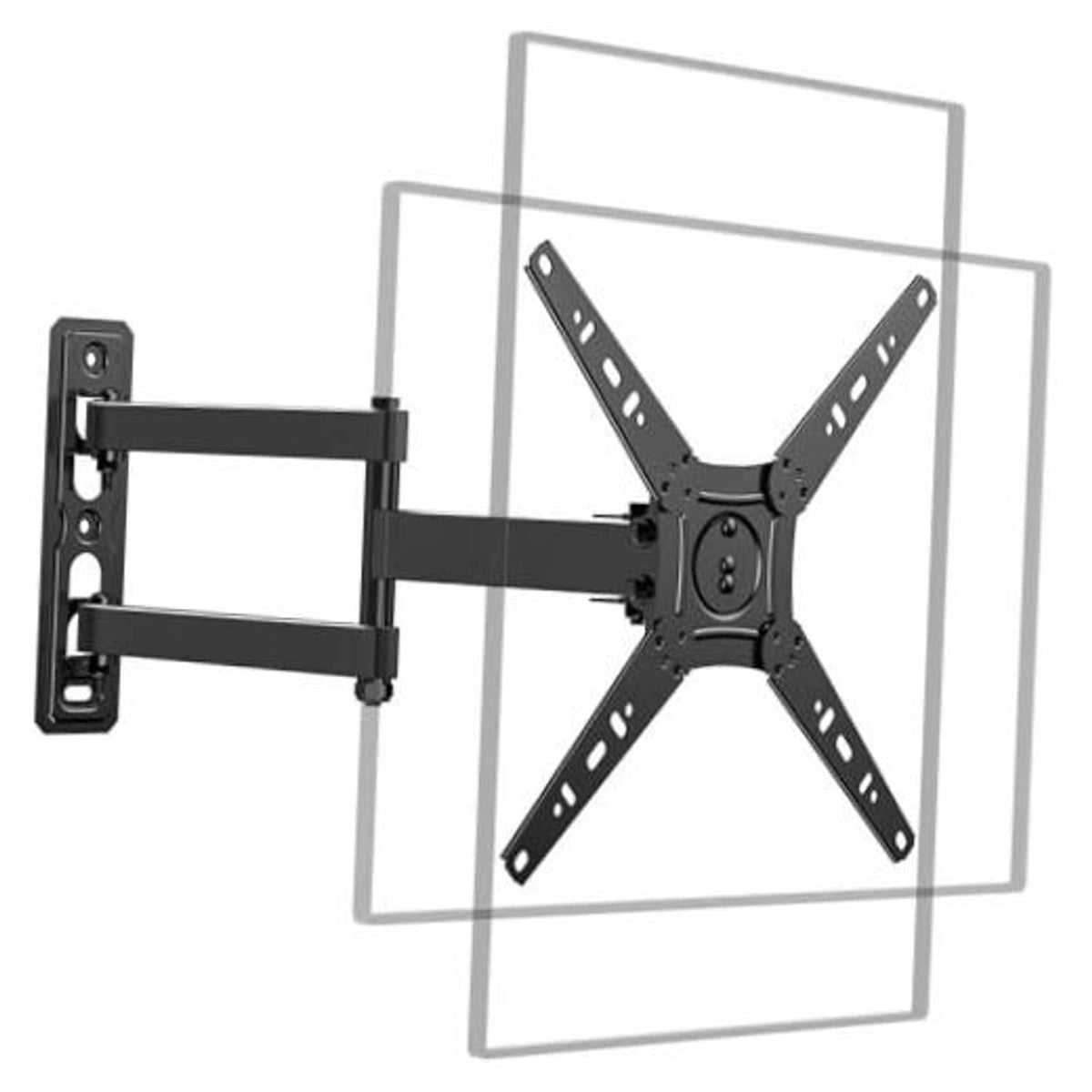 Black full-motion TV wall mount with long arms and VESA plate, wall bracket hardware included