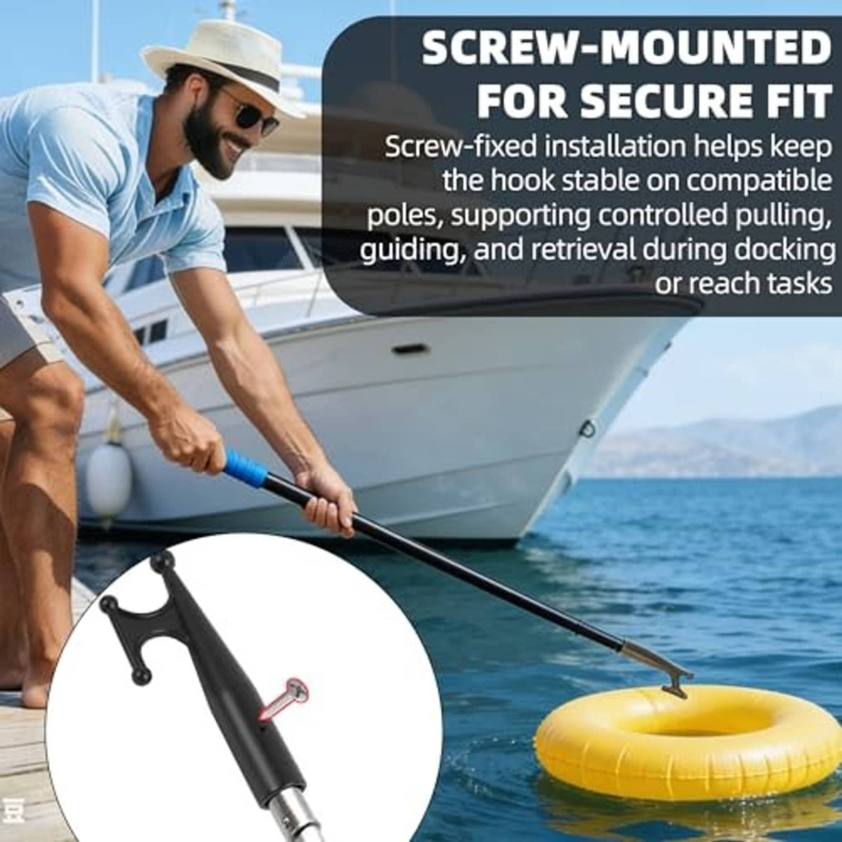 Black screw-mounted boat hook attachment with fork prongs and central sleeve