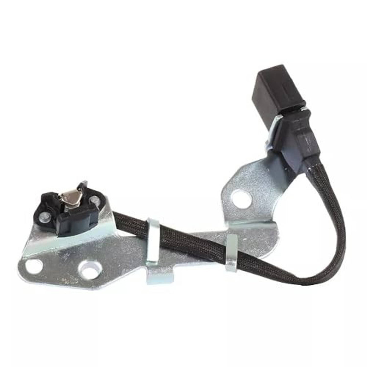 Camshaft position sensor on metal mounting plate with black cable and electrical clips
