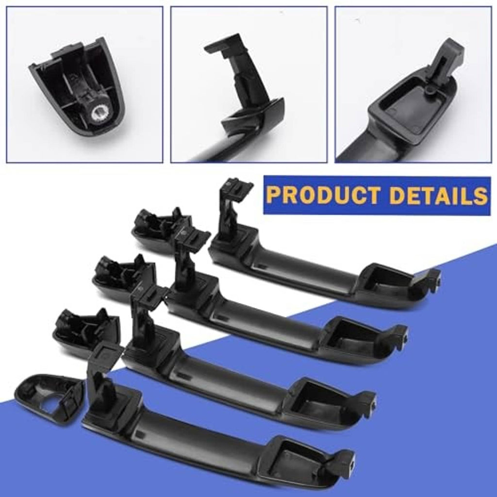 Four black exterior door handles with detailed mounting clips and hardware