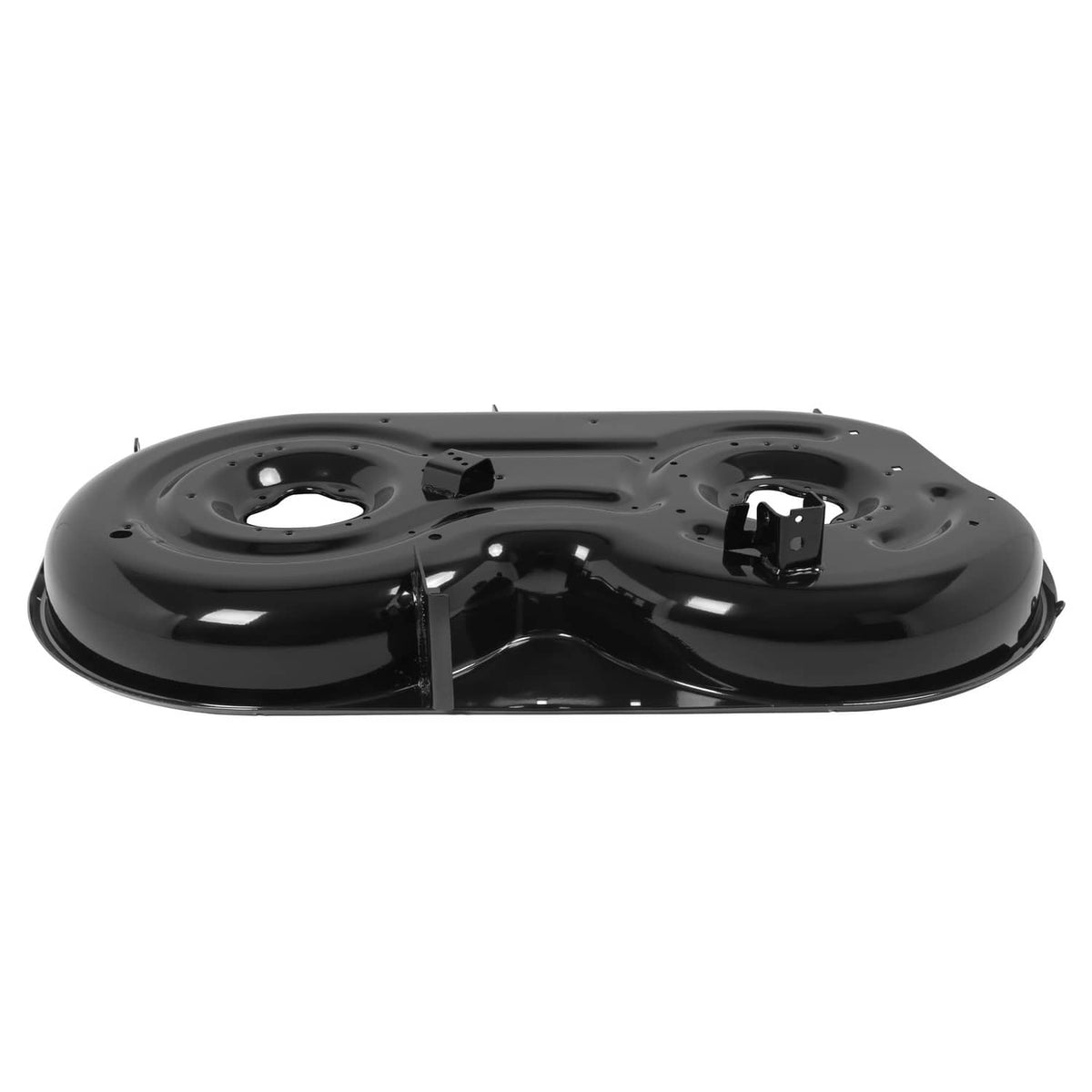 42" cutting deck top plate with two circular openings and welded support parts, black