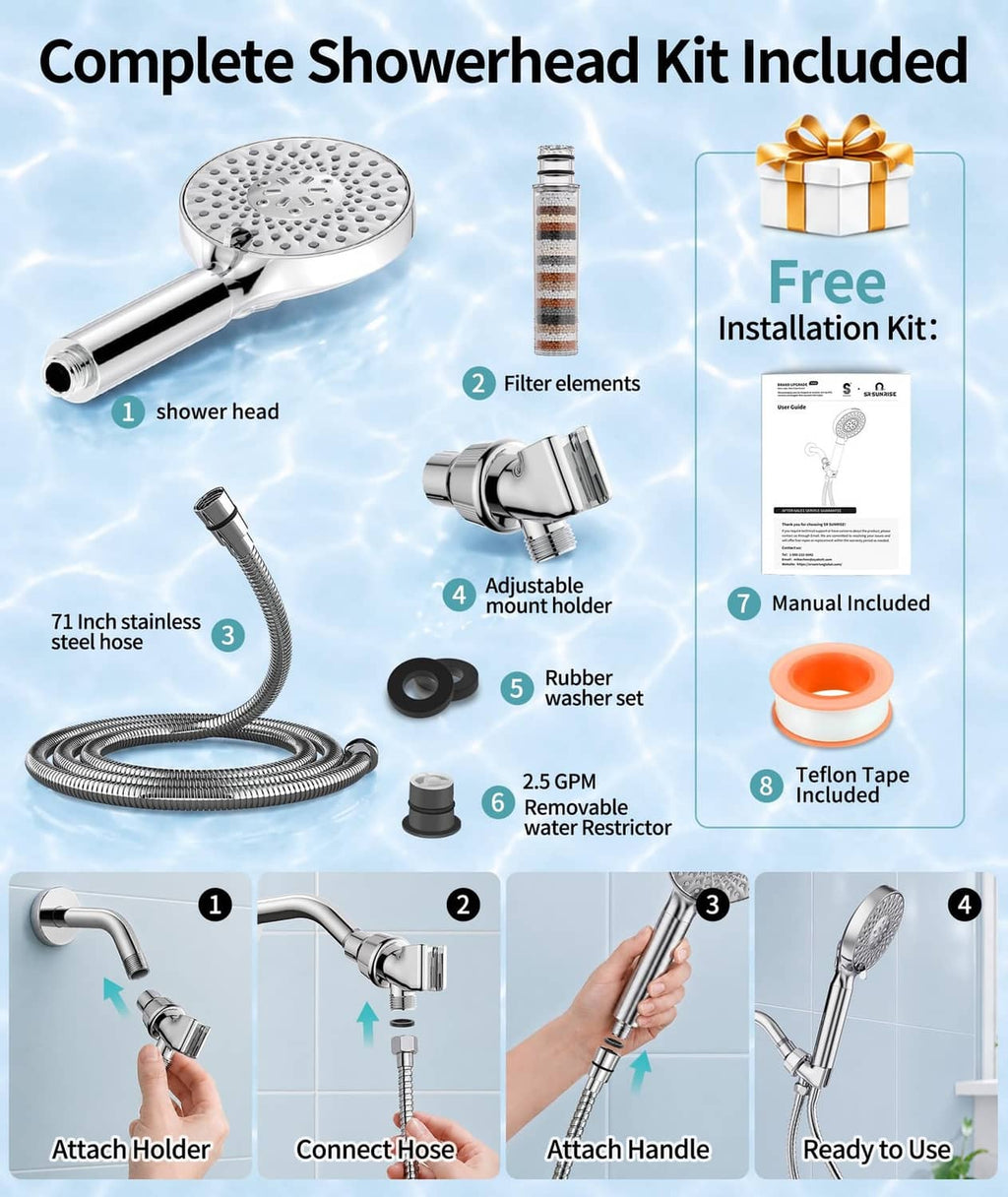 Complete showerhead kit with handheld head, filter elements, adjustable holder and hose