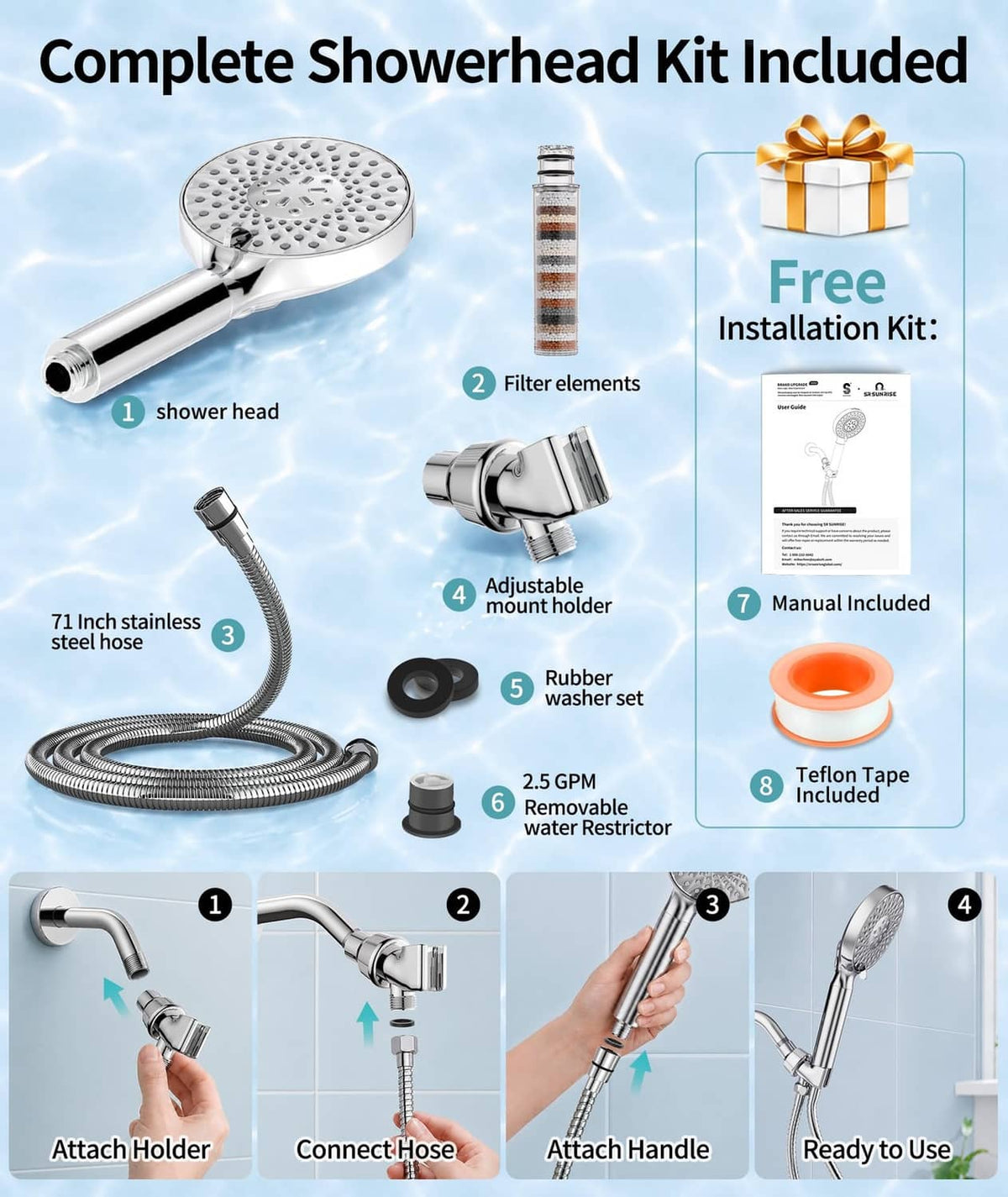 Complete showerhead kit with handheld head, filter elements, adjustable holder and hose