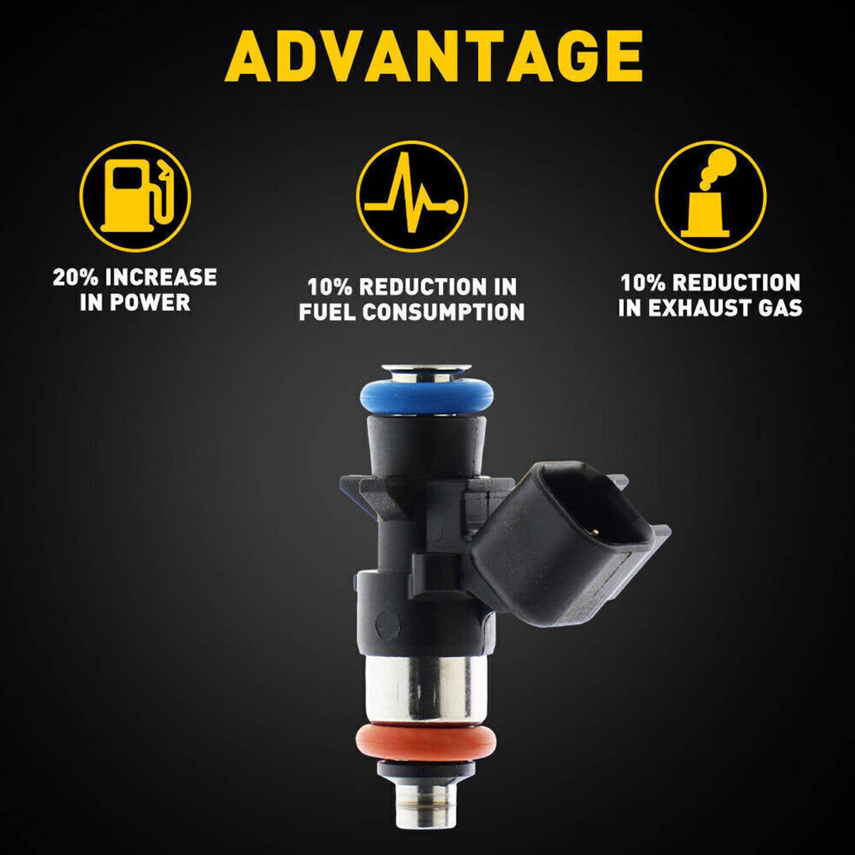 Single fuel injector with black body, blue top cap, red o-ring, and metal outlet