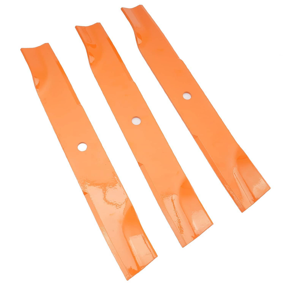 Multiple orange mower deck blades with mounting holes, diagonal view