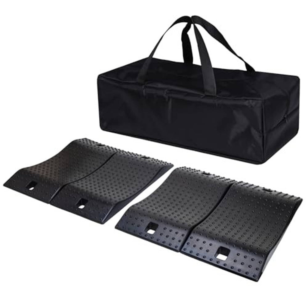 Rubber car wheel ramp pair with carrying bag, black dotted tread surface