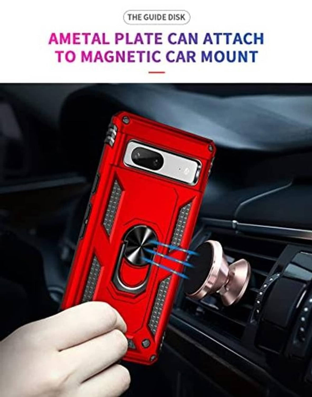Red rugged phone case with metal ring and magnetic car-mount plate attachment