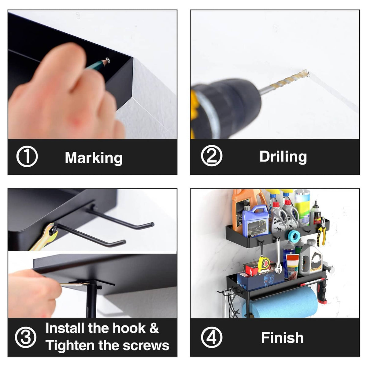 ZUNTO organizer installation guide panels: marking, drilling, install hook, finish