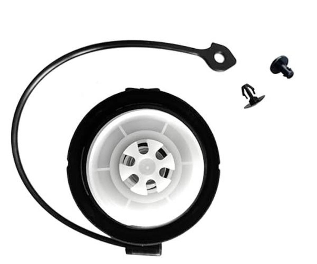Fuel gas cap base with white wheel-like center and black outer ring, tether