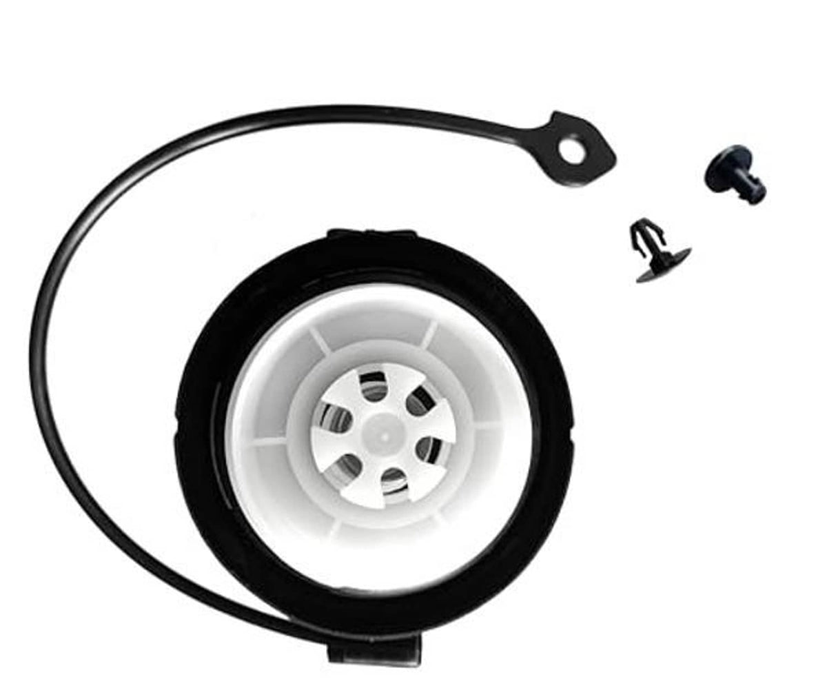Fuel gas cap base with white wheel-like center and black outer ring, tether