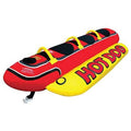 Hot dog-shaped inflatable towable tube in red and yellow with three rider seats and handles