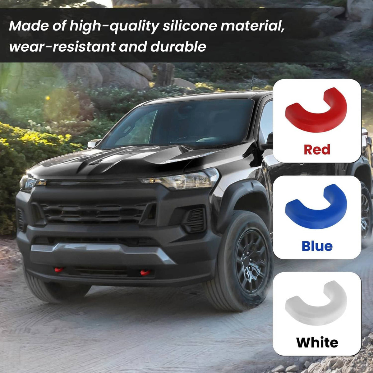 Red, blue, and white silicone tow hook covers, round U-shaped protective caps