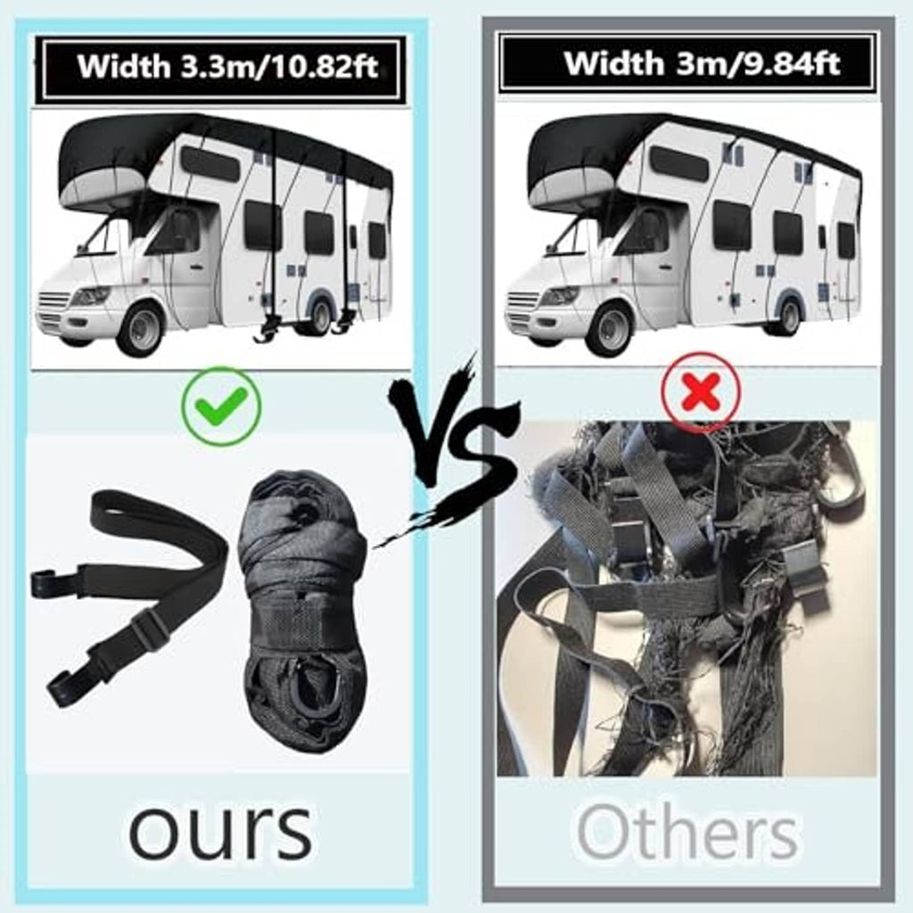 RV roof cover with windproof straps and tie-downs shown for width sizing